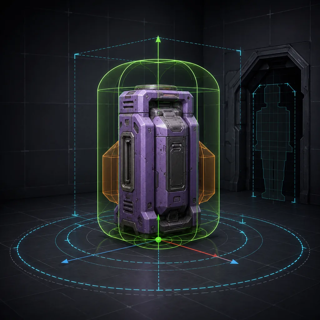 A violet sci-fi prop surrounded by scale guides, orientation axes, a grounded pivot and simple collision hulls
