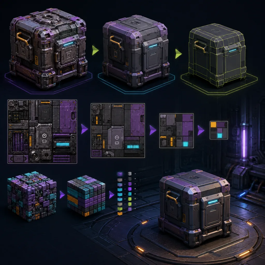 A sci-fi crate shown through progressive geometry LODs, shrinking texture tiles and a final optimized runtime scene