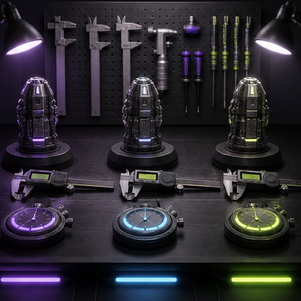 Three versions of a sci-fi game prop displayed on separate evaluation stations