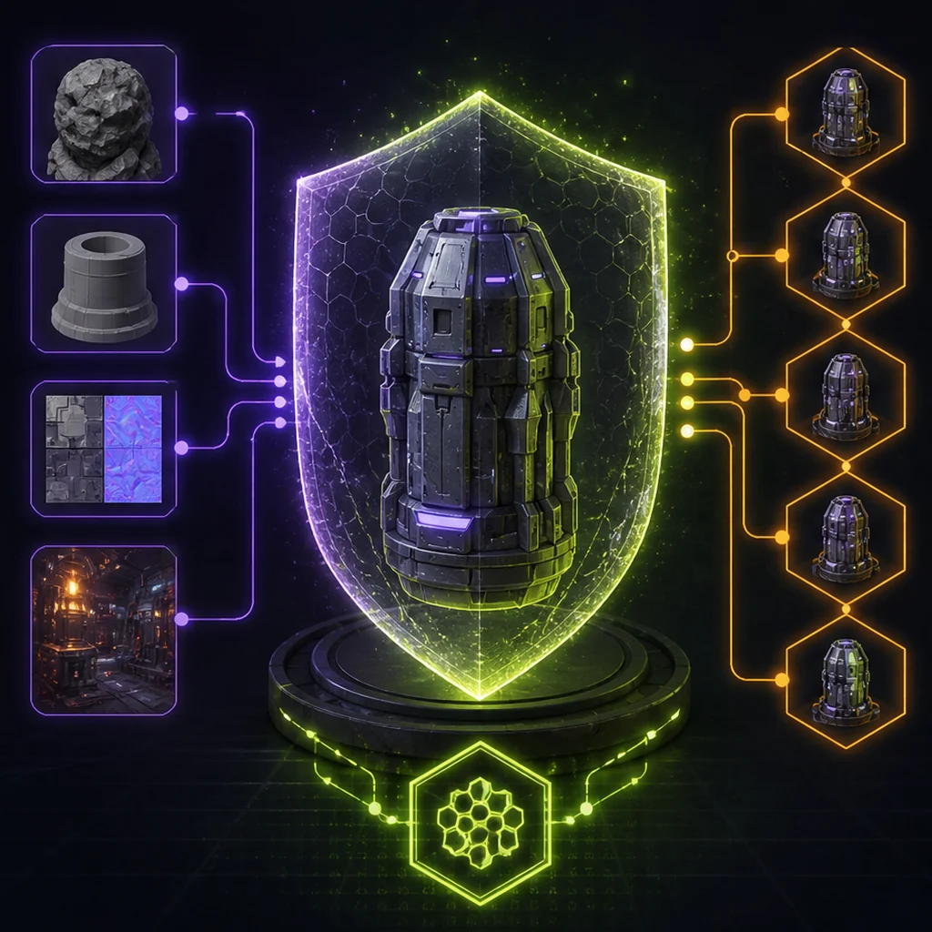 A 3D game prop surrounded by identity, license and provenance record panels