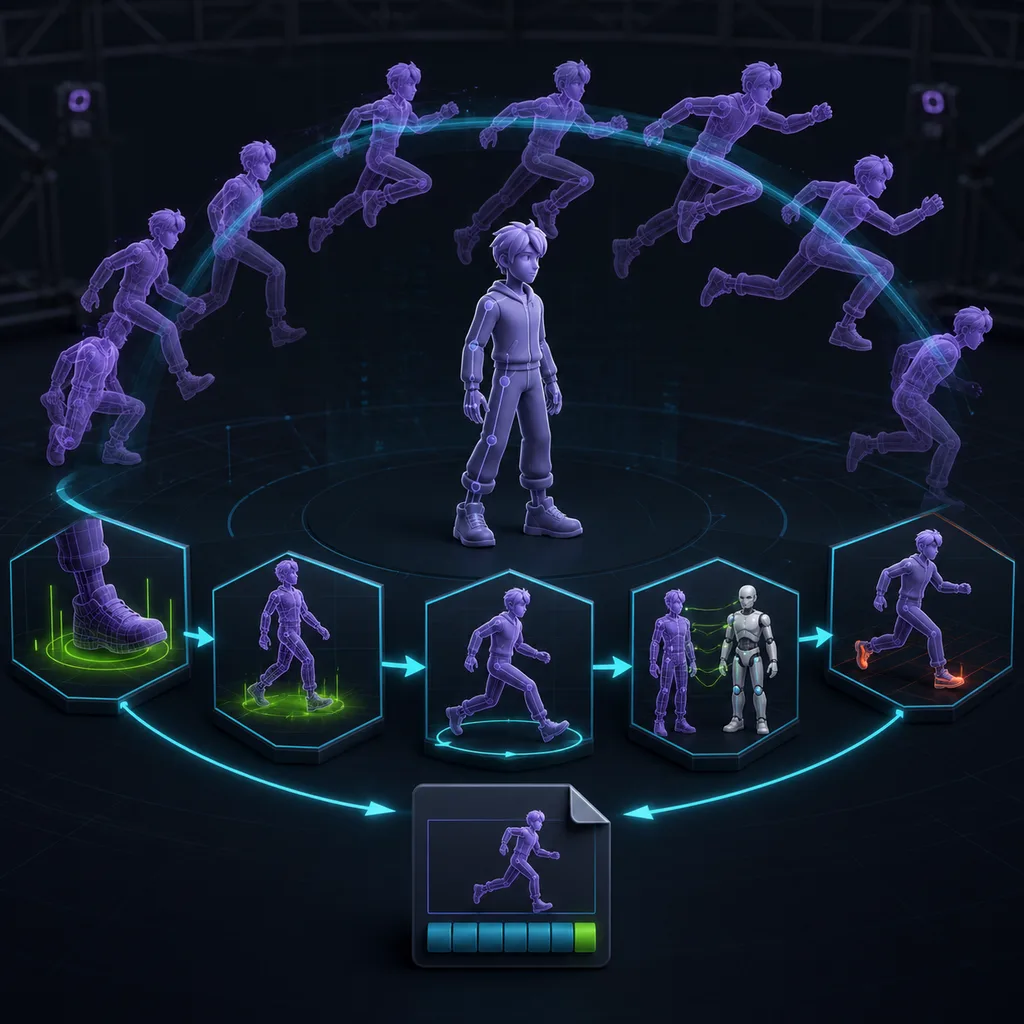 A stylized rigged character surrounded by a motion arc and foot-contact, retargeting and engine-clip validation stages