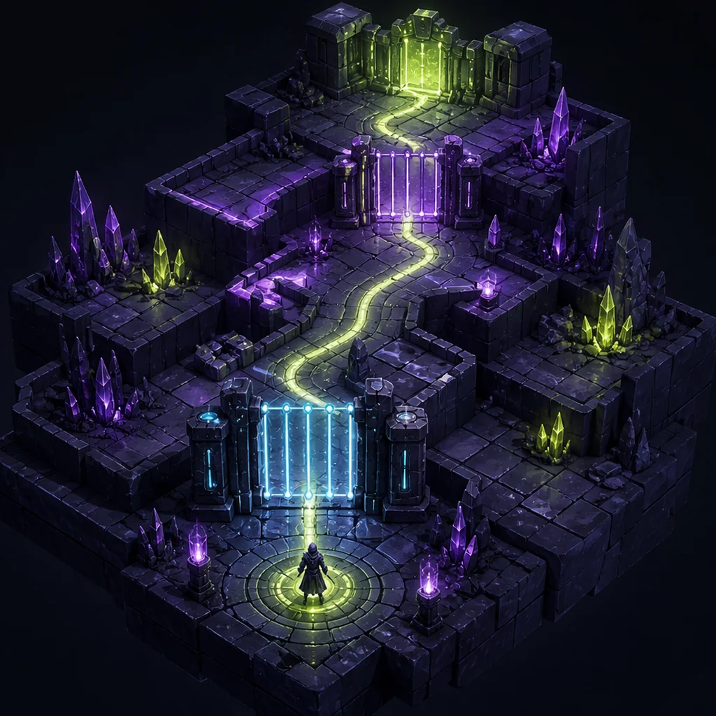 An isometric science-fiction game level with a highlighted route through rooms and platforms