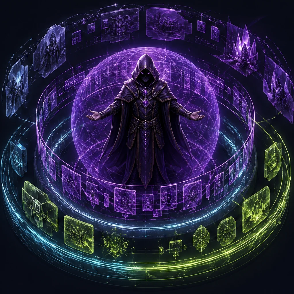A robed game character encircled by branching scenes and narrative-state panels