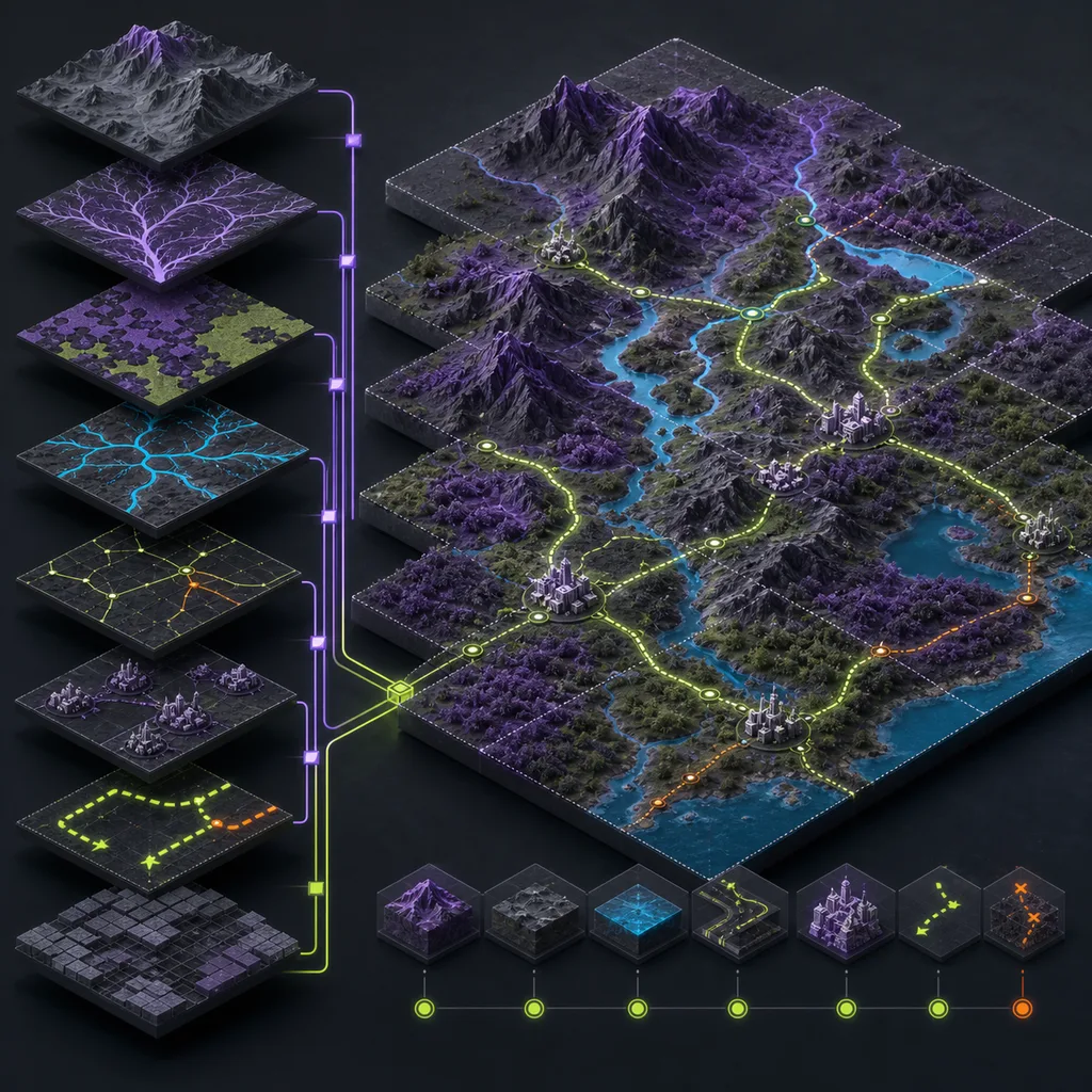 An isometric violet terrain assembled from height, river, biome, road, settlement and traversal validation layers