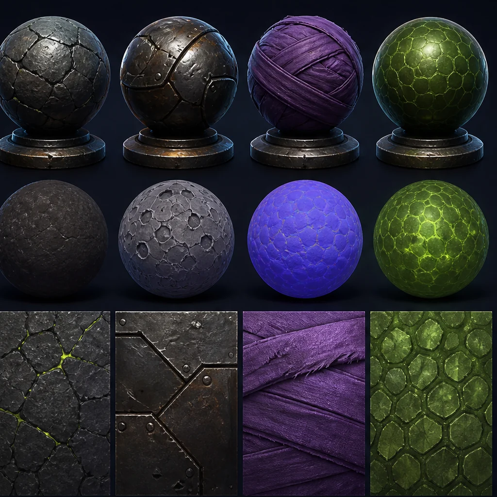 Material spheres and tiled PBR texture samples arranged in a comparison grid