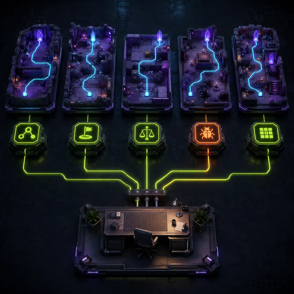 Five seeded miniature levels with agent paths and icon-only validation gates converging on a separate human review desk