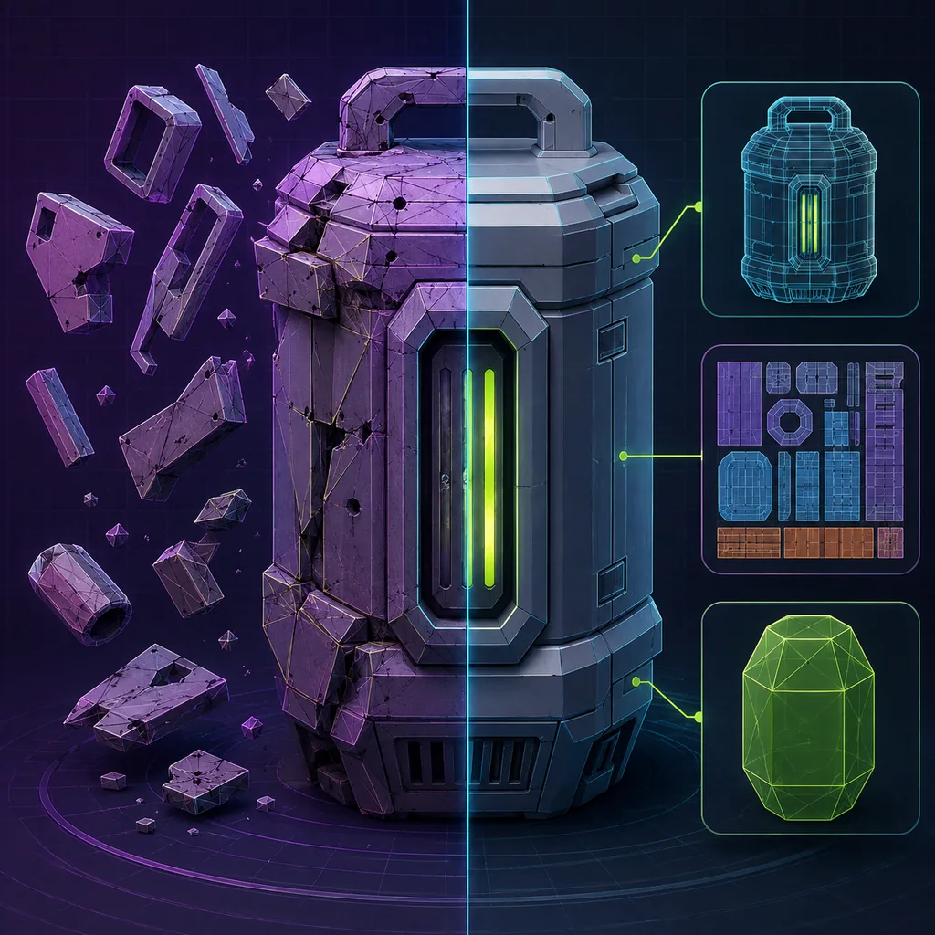 A generated sci-fi prop divided between fragmented raw geometry and a clean production mesh with wireframe and UV inspection panels