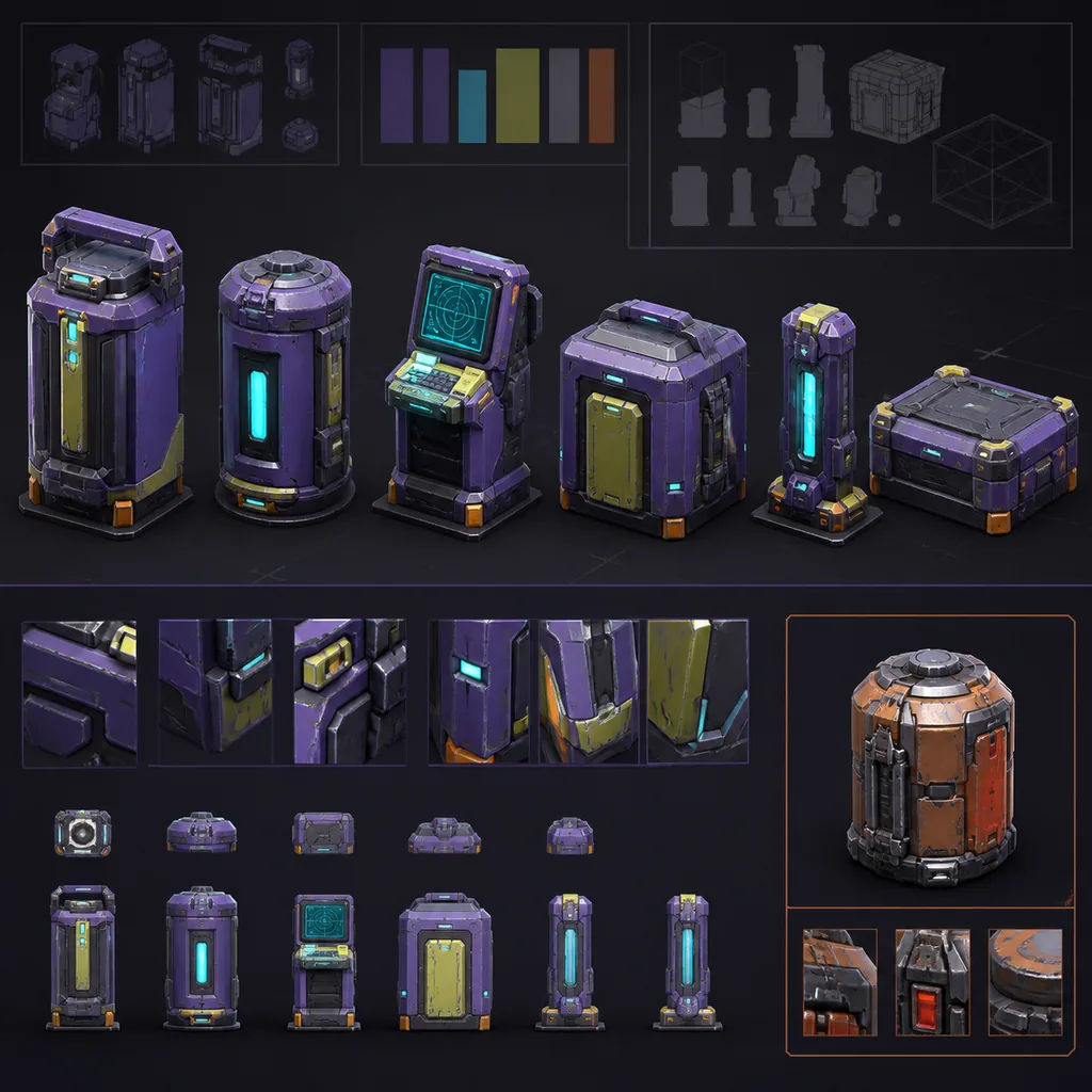 A cohesive family of six violet game props shown with shape, color and detail references beside an isolated orange outlier