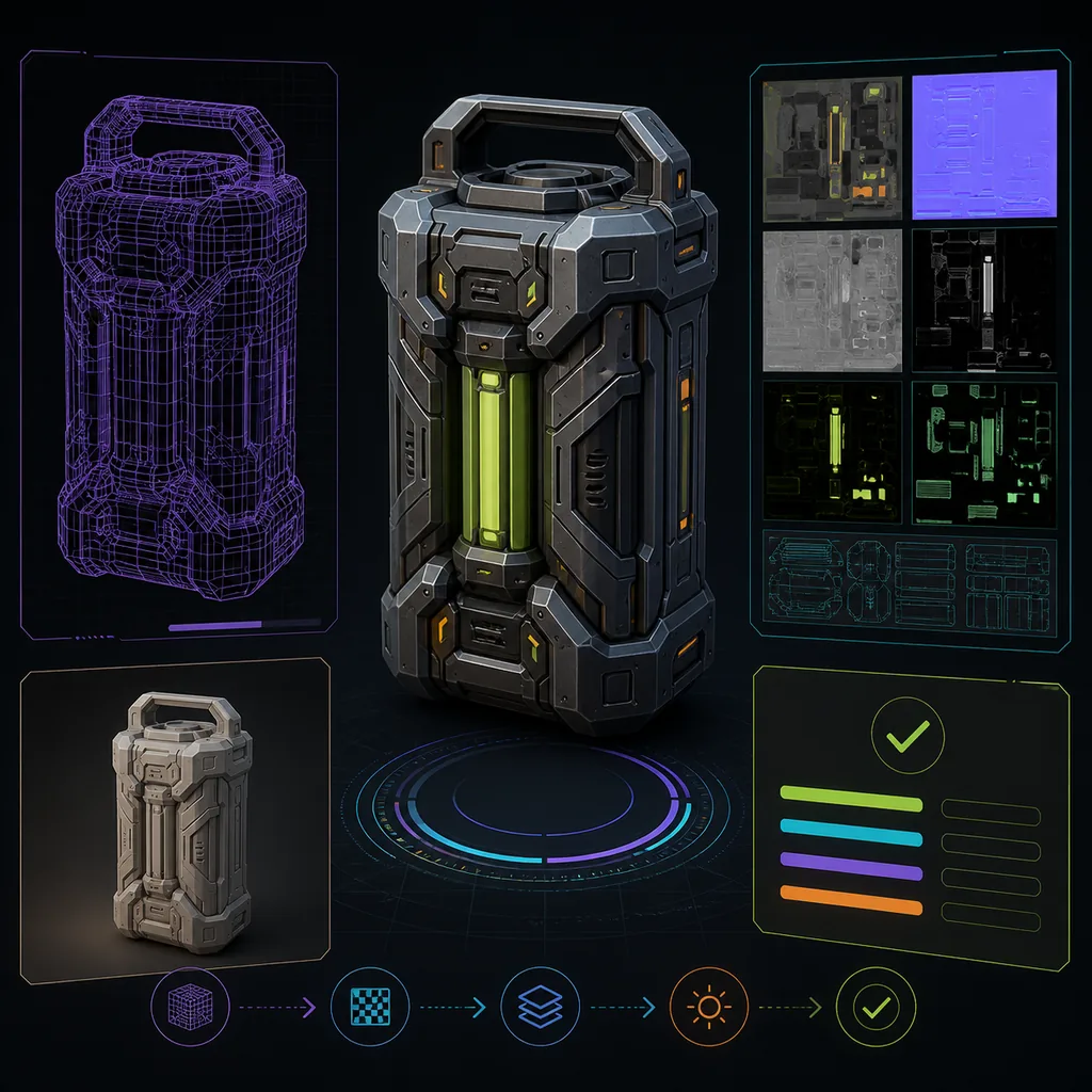 A conceptual 3D production test bench with wireframe, material and acceptance inspection views