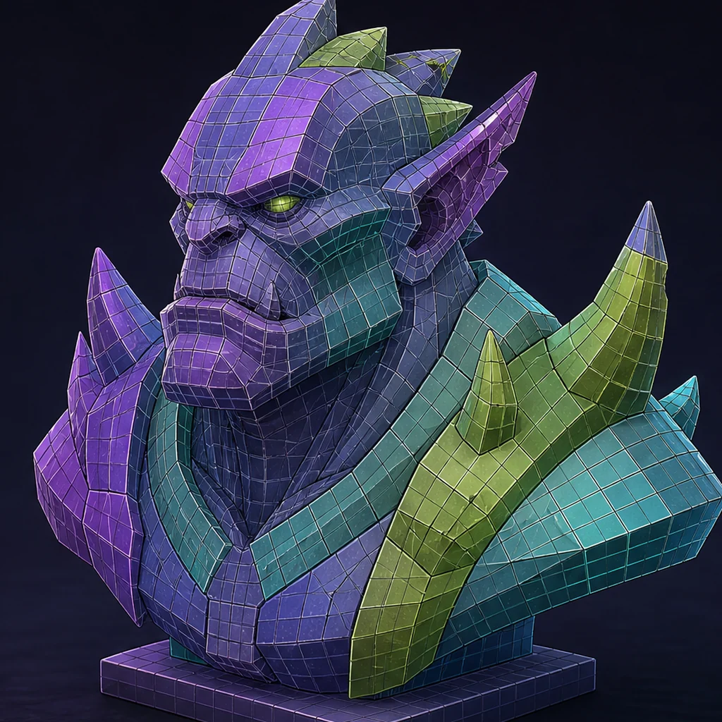 A faceted character bust divided into contrasting polygon-density regions