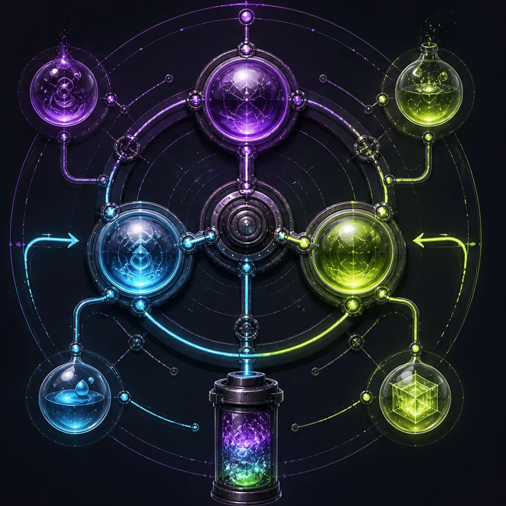 A circular system diagram connecting gameplay-state nodes to a central generated object