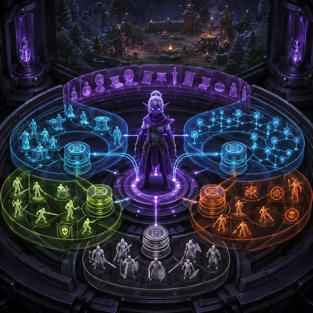 A stylized violet NPC surrounded by separate canon, memory, planner, allowed-action, safety and fallback rings