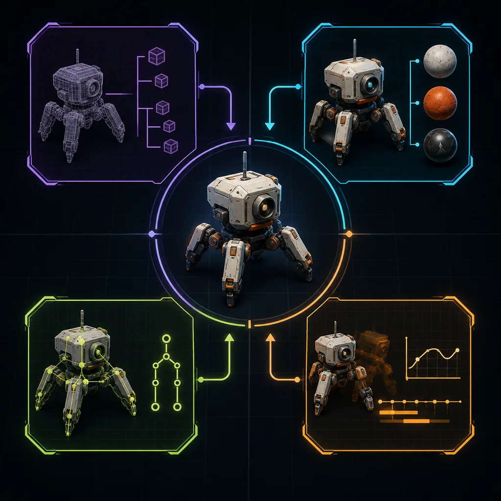 A modular robot prop connected to separate hierarchy, material, geometry and animation interchange panels