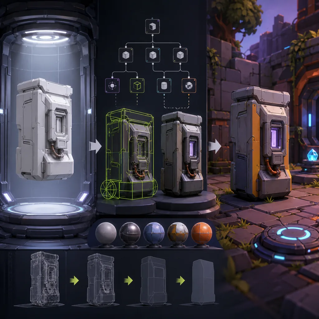 A modular 3D prop moving through source cleanup, node hierarchy, collision, materials and LOD checks into a game scene