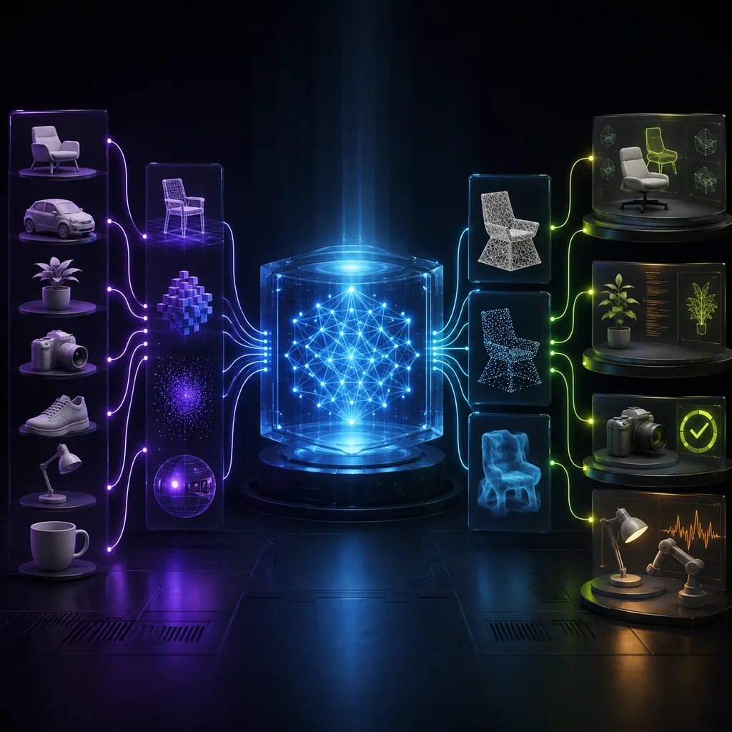A library of 3D specimens feeding a luminous model core and separate mesh, point and field evaluation stations