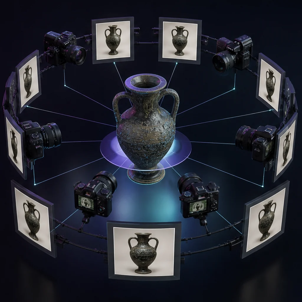 A ceramic vase surrounded by reference photographs captured from multiple angles
