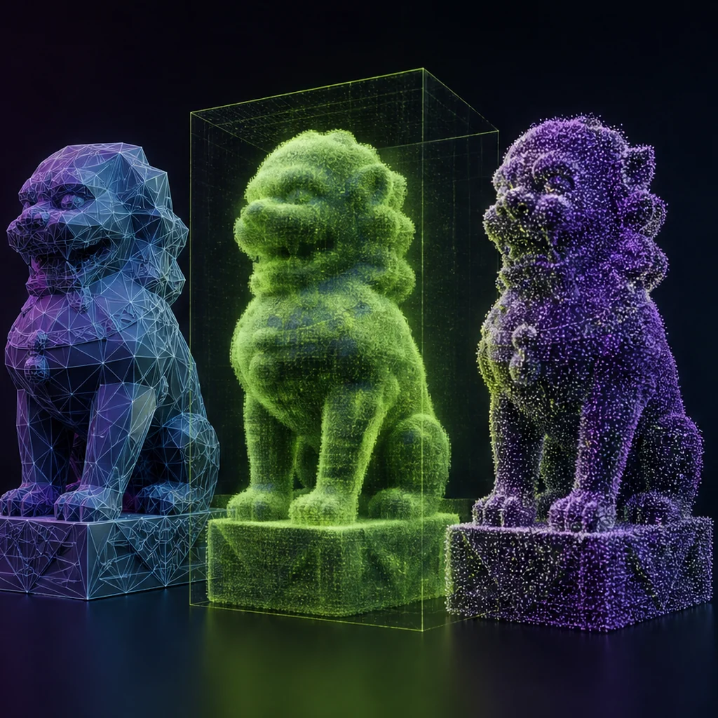 Three statue forms rendered as a polygon mesh, luminous volume and point-based surface