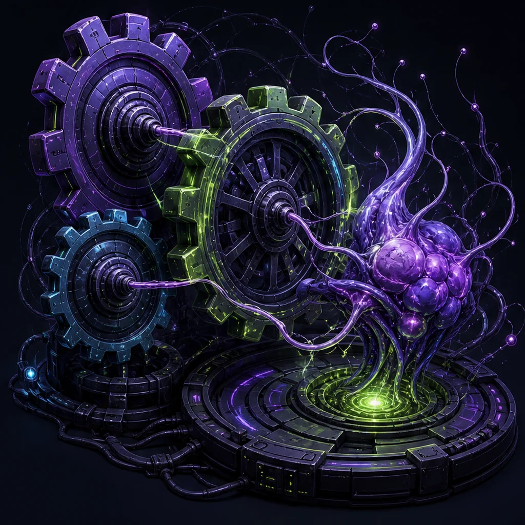 Mechanical gears merging with a glowing organic form on a circular generation platform
