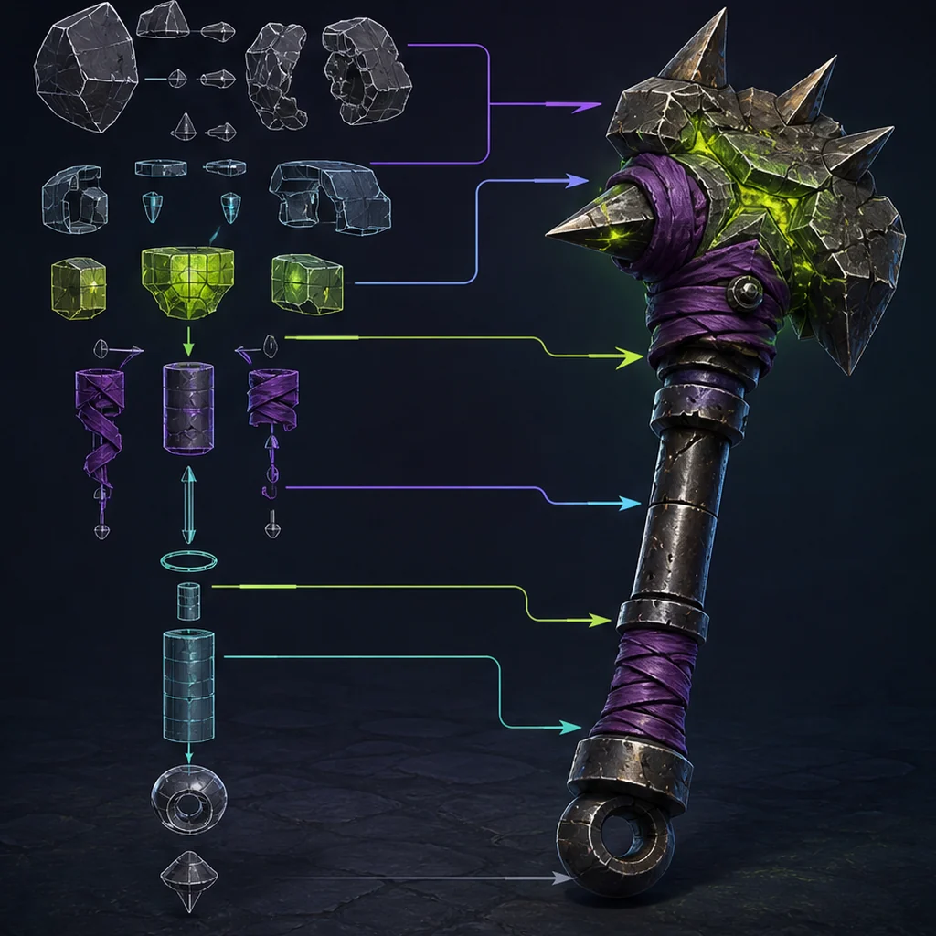 An exploded sci-fi hammer diagram with separate shape, material and construction references