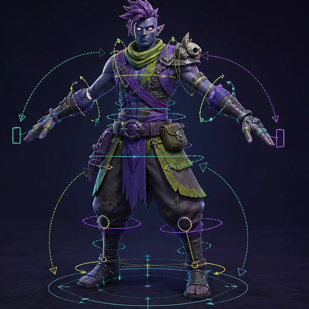 A game character surrounded by skeleton joints, control curves and rigging guides