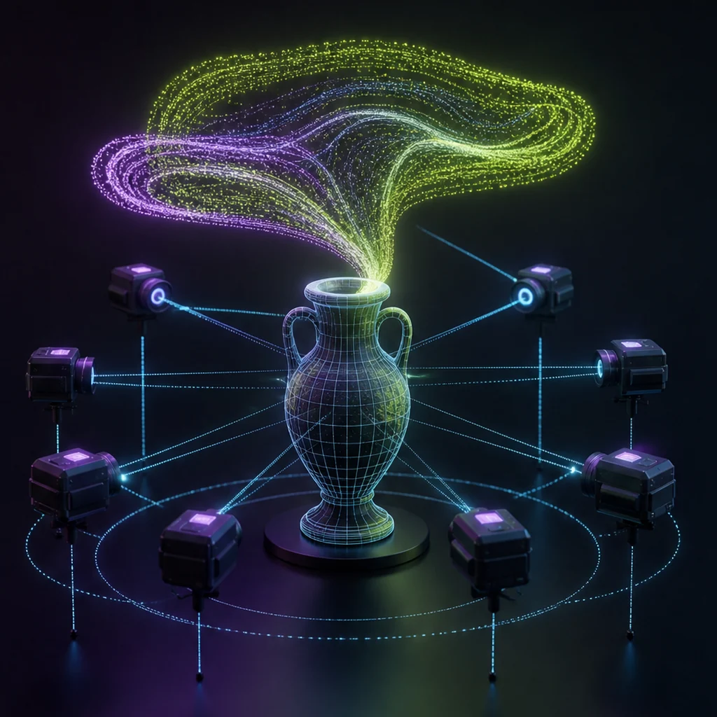 A vase taking shape from a glowing text path, spatial guides and generated geometry