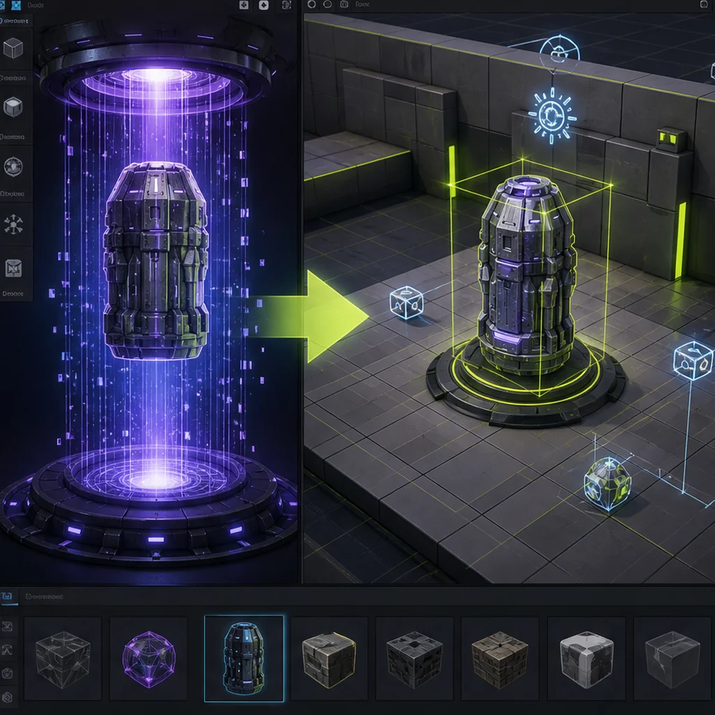 A sci-fi game prop moving from a source chamber into a lit engine test scene