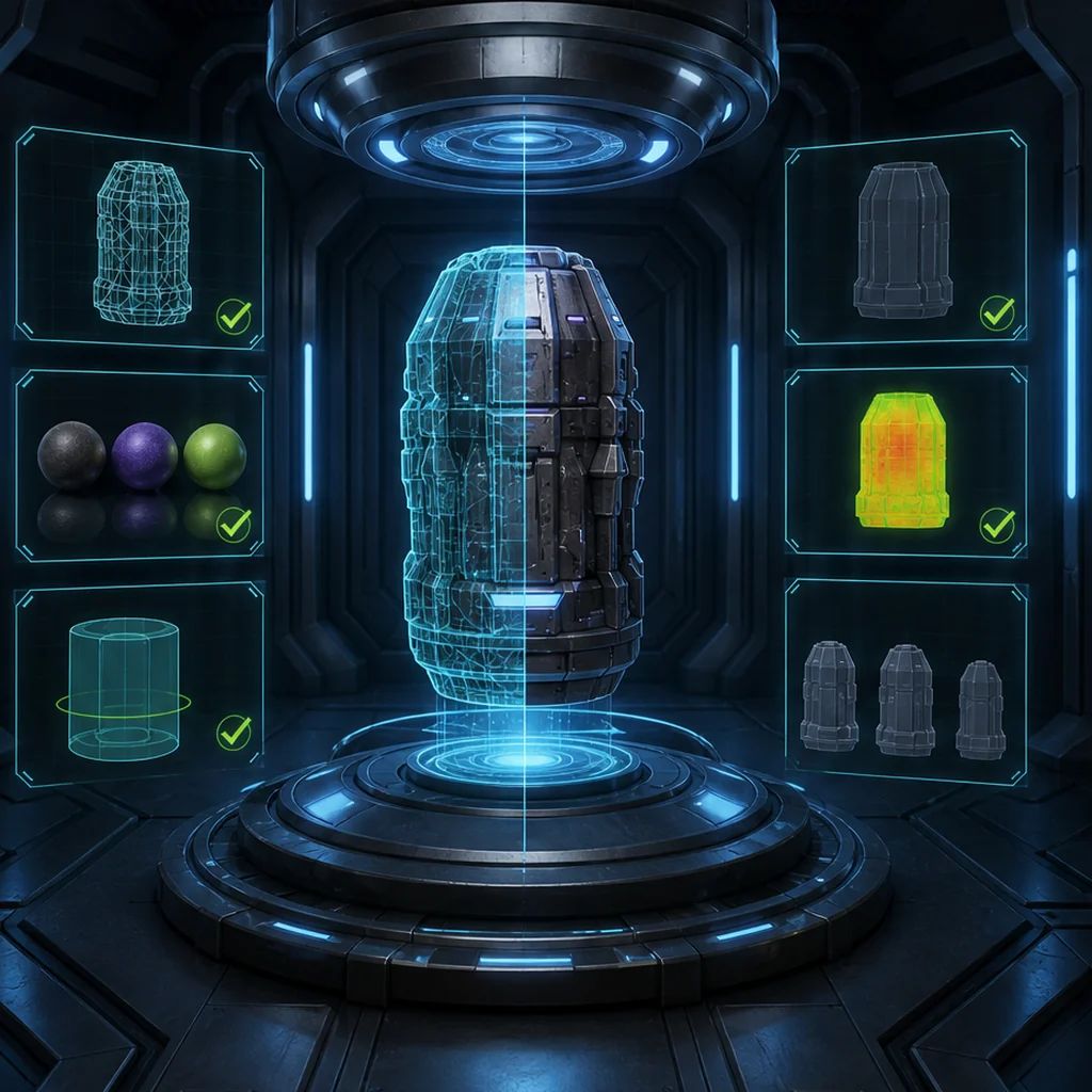 A sci-fi game prop inside a blue interface with geometry and material inspection panels