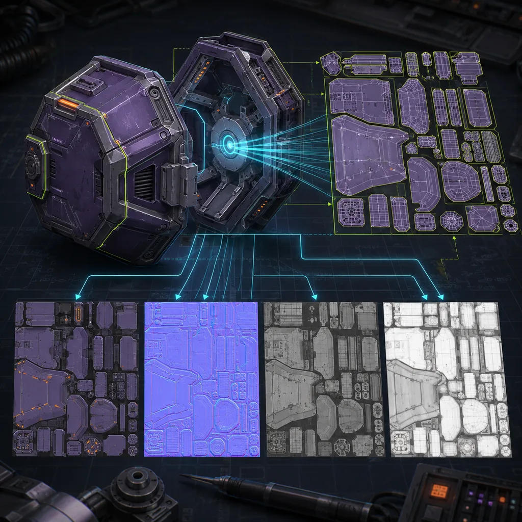 A violet sci-fi prop opening into organized UV islands and baked color, normal, roughness and ambient-occlusion maps