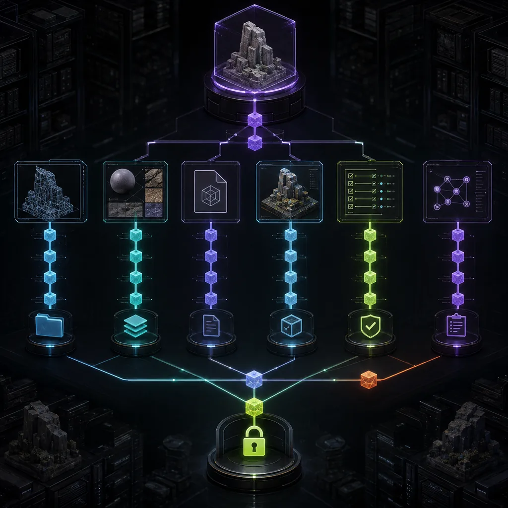 A generated stone asset branching into source, texture, interchange, engine, validation and provenance revisions inside a protected archive