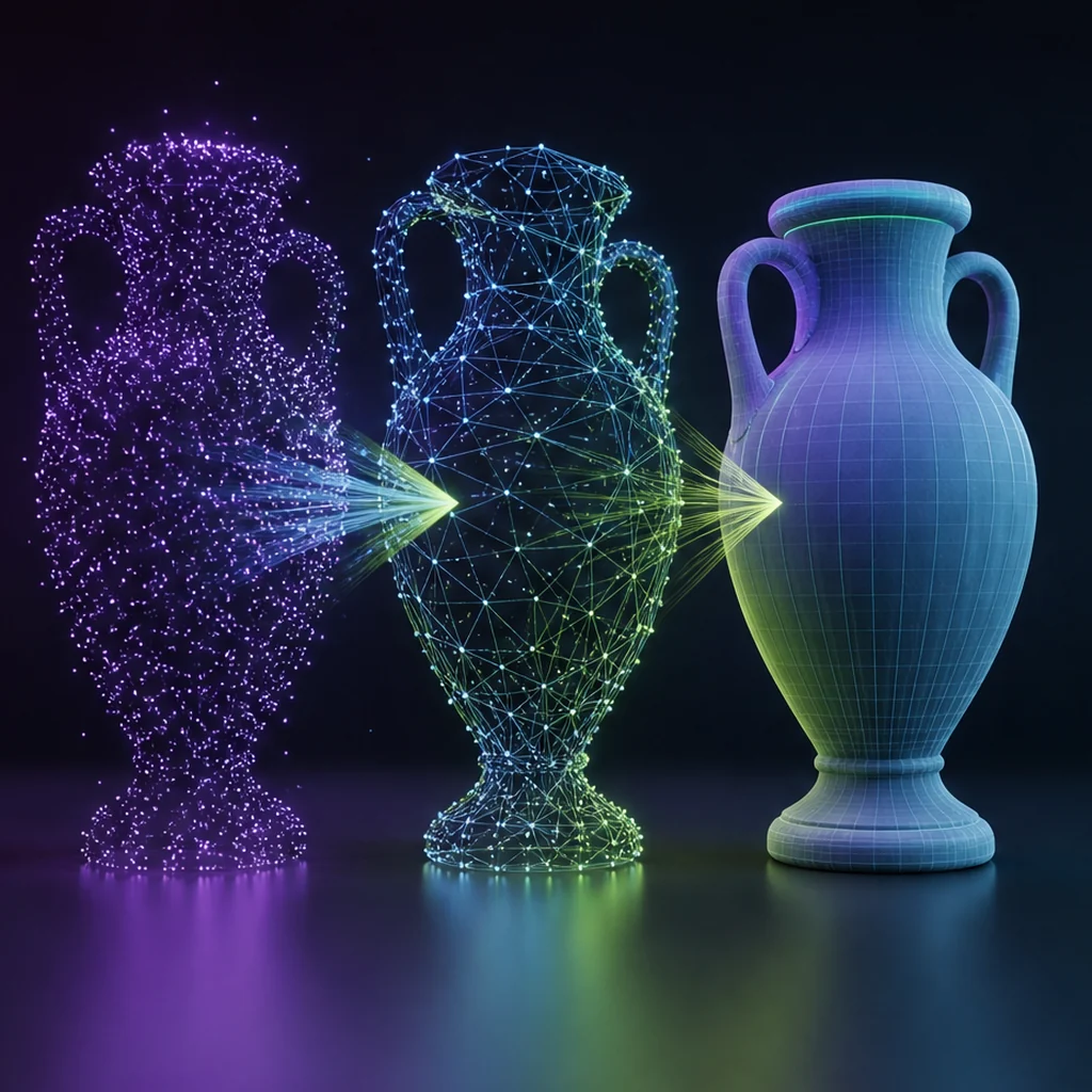 A vase shown as a point cloud, luminous surface and finished polygon form