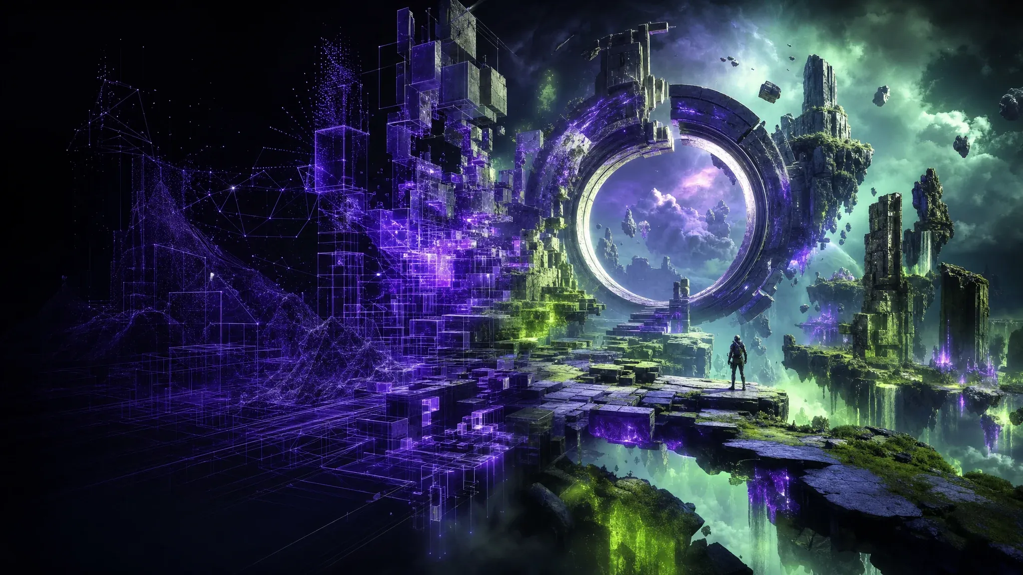 An AI-assisted game world taking shape as luminous wireframes, modular geometry and finished game assets