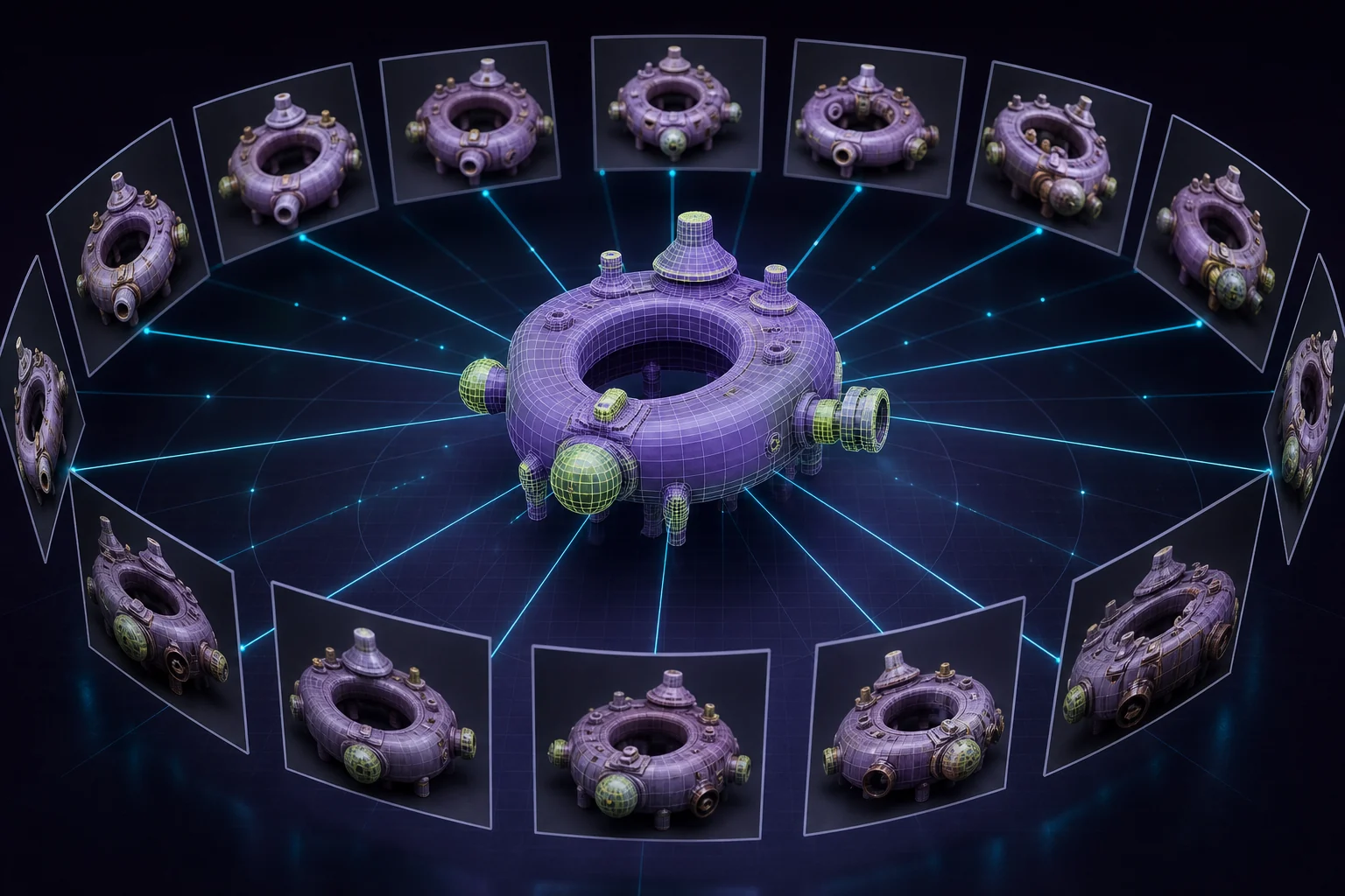 Multiple reference photographs converging into a clean reconstructed 3D game object