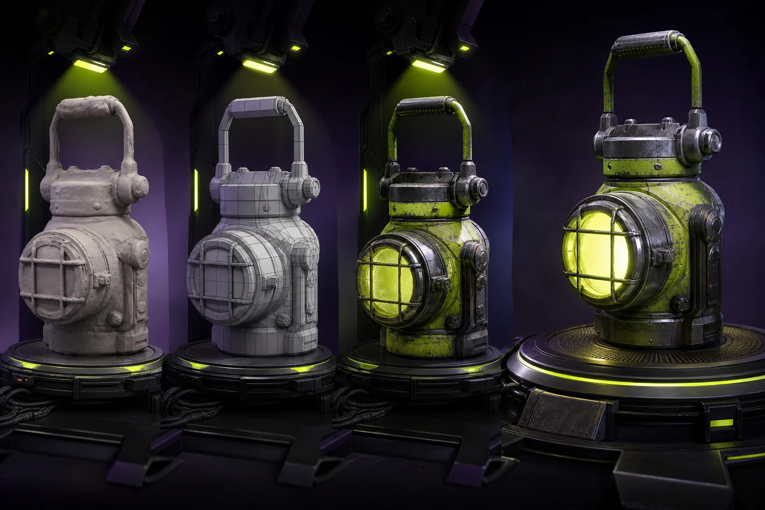 A stylized game prop moving through modeling, topology, texturing and engine-ready validation stations
