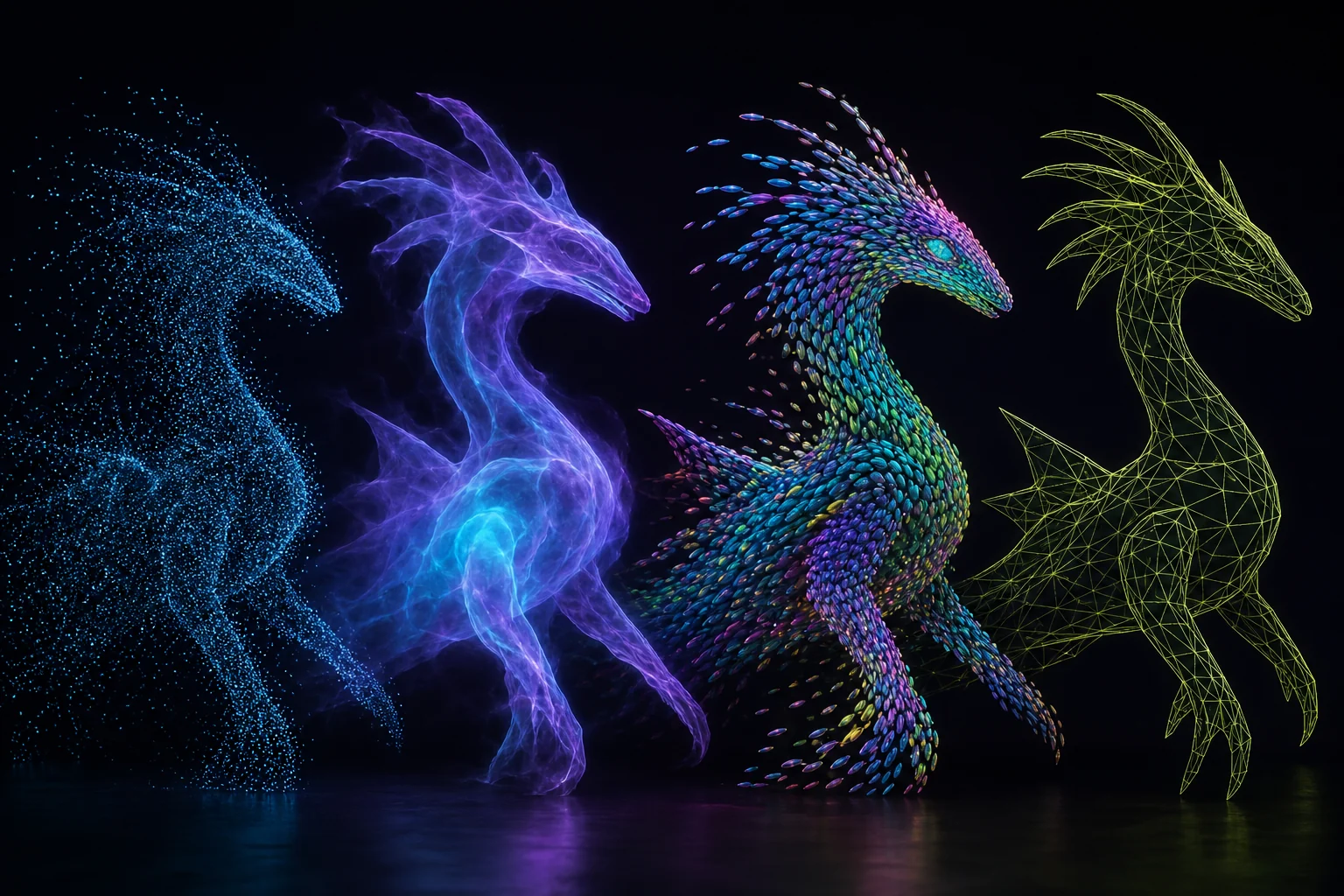 A luminous wireframe creature transitioning through point cloud, neural field and polygon mesh representations