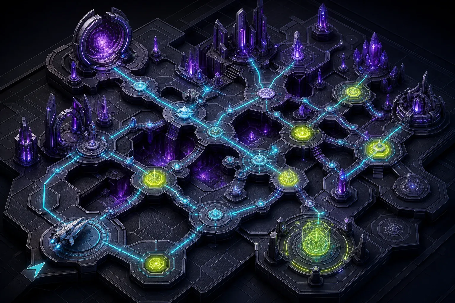 A modular science fiction game level shown as paths, encounters, rules and narrative beats on a tactical board